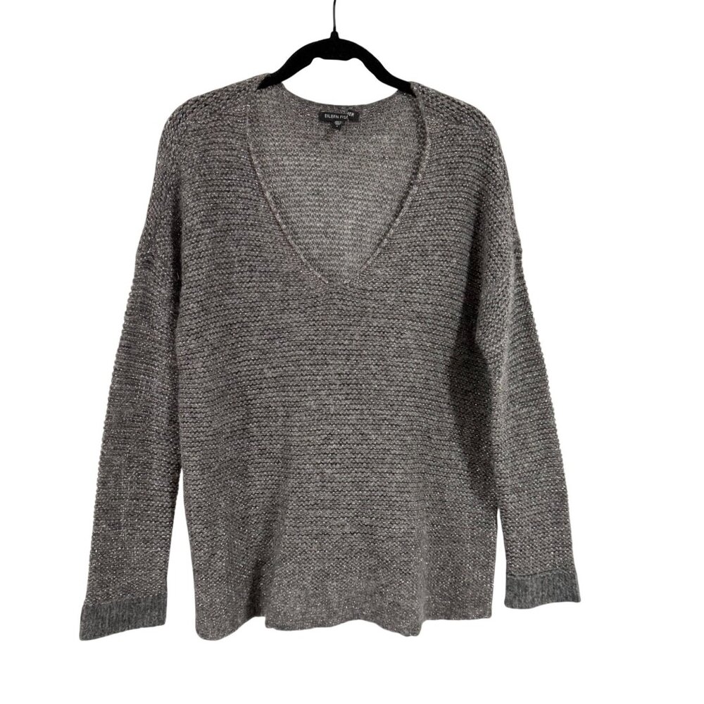 Eileen Fisher Gray V-Neck‎ Sweater with Silver Metallic Thread Size S